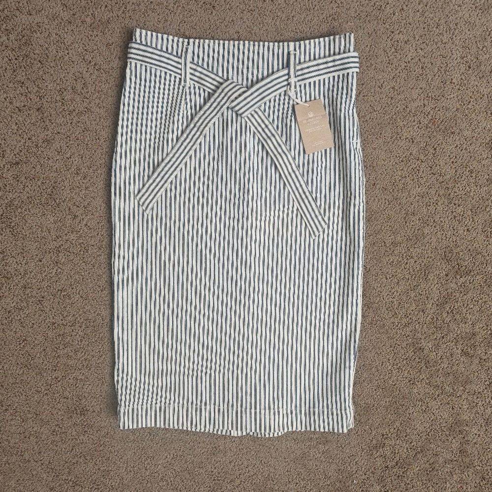 NWT J.Crew Denim Hickory‎ Stripe Tie-Waist Pencil Skirt Blue White Size 25 AO470 - Picture 2 of 11